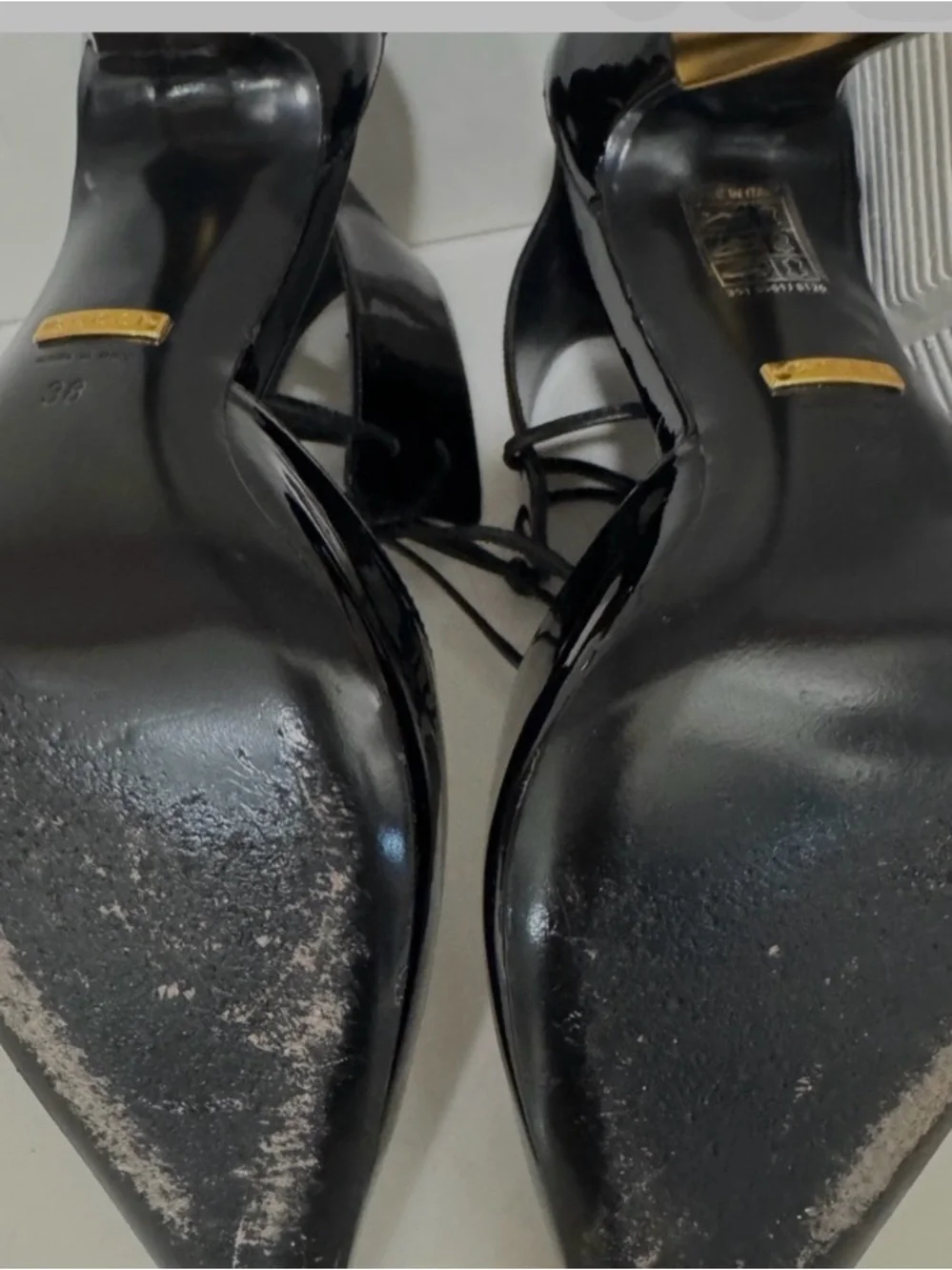 Gucci Black Patent Leather Pointed Toe Ankle-Tie Heels